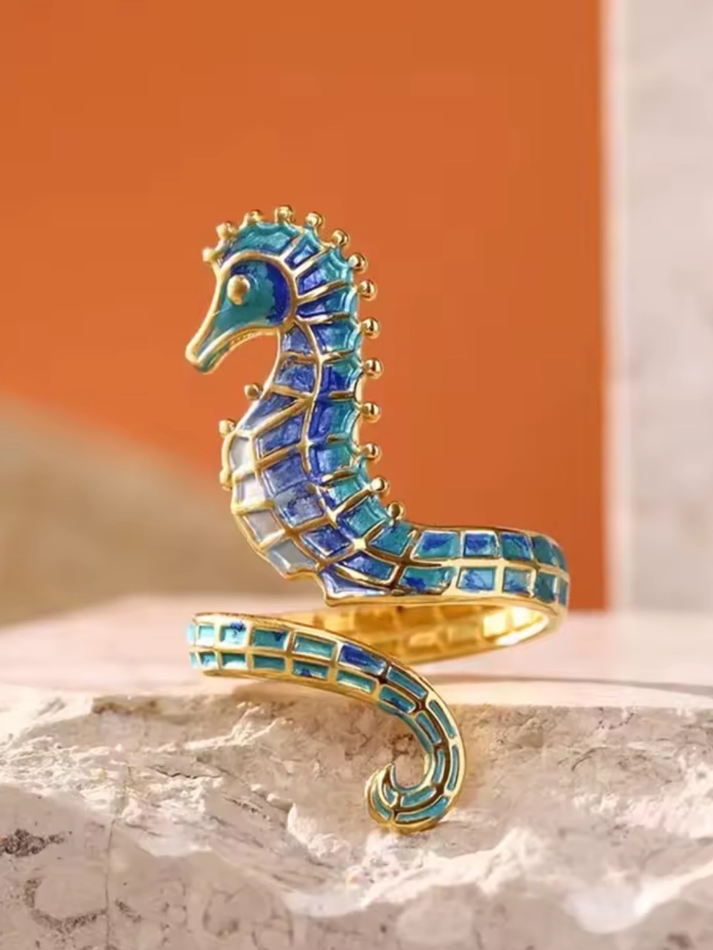 Blue Seahorse Wrap Ring Gold Tone Adjustable Ocean Jewelry